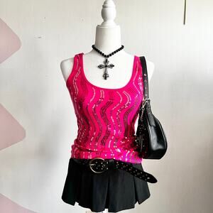 Pink Sequin Tank Top, 2000s,‎ Fairy, Vacation, Ibiza, Small, Clubwear, Rave